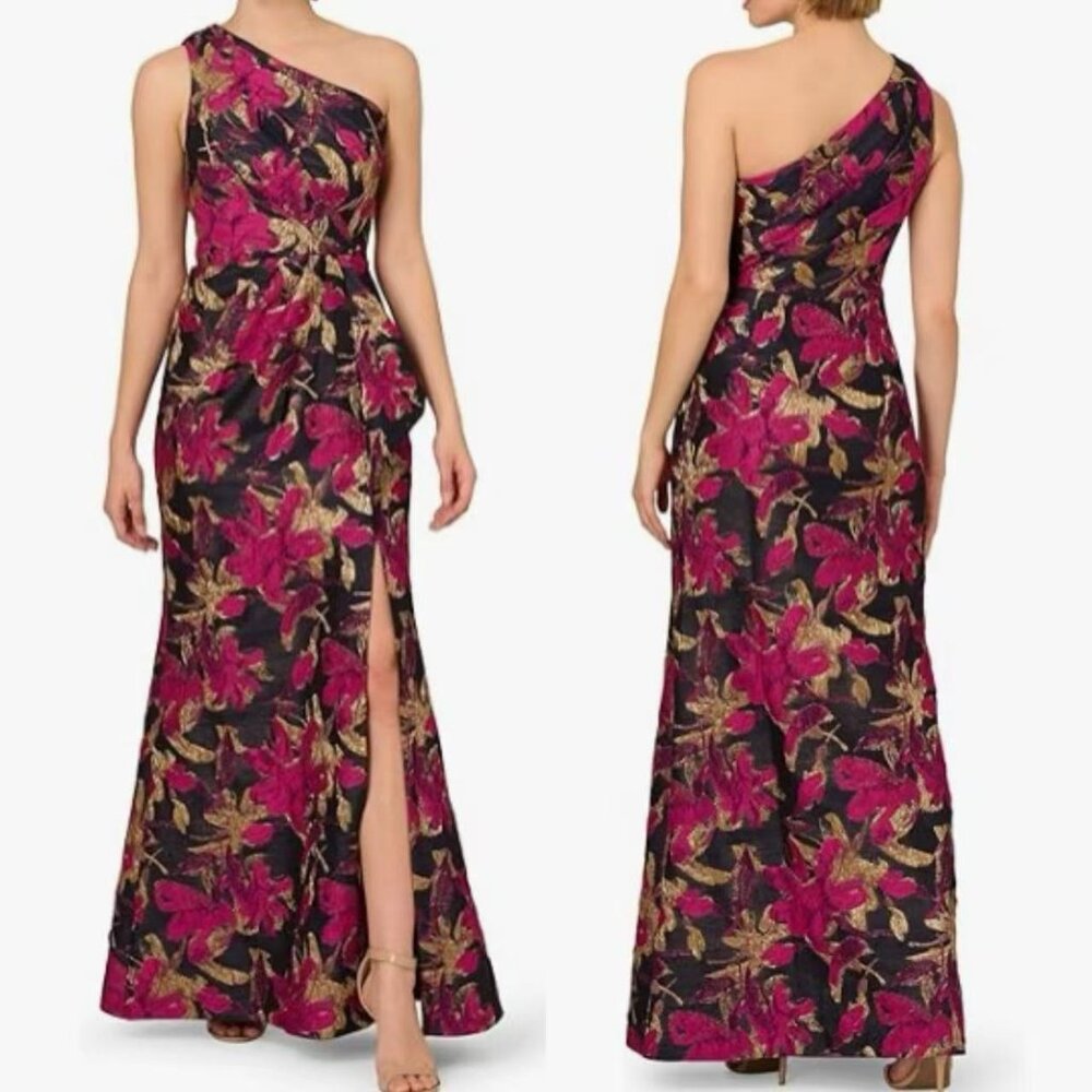 Adrianna Papell Womens One Shoulder Jacquard Dress Navy/Pink 8